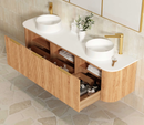 OTTI BONDI WOODLAND OAK FLUTED 1800MM CURVE DOUBLE BOWL WALL HUNG VANITY
