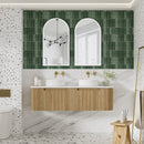 AULIC VARCELLI MONO CURVED HARVEST OAK 1500MM DOUBLE BOWL WALL HUNG VANITY W/ QUADRO HETTICH RUNNERS