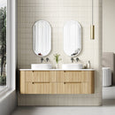AULIC VARCELLI TIER CURVED HARVEST OAK 1800MM DOUBLE BOWL WALL HUNG VANITY W/ QUADRO HETTICH RUNNERS