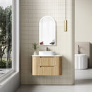 AULIC VARCELLI TIER CURVED HARVEST OAK 900MM SINGLE BOWL WALL HUNG VANITY W/ QUADRO HETTICH RUNNERS