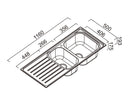 ABEY EURONOX 1 & 1/2 BOWL KITCHEN SINK STAINLESS STEEL 1160MM