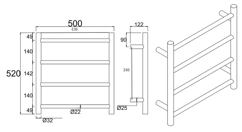 Round Chrome Electric Heated Towel Rack 4 Bars