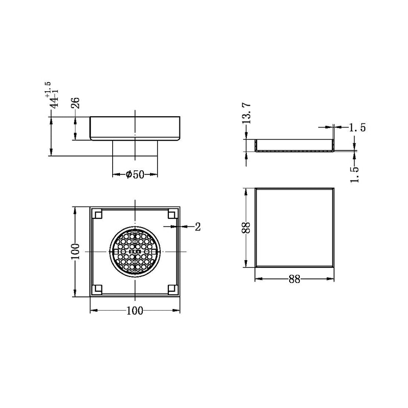 NERO 100mm Square Tile Insert Floor Waste with 50mm/80mm outlet