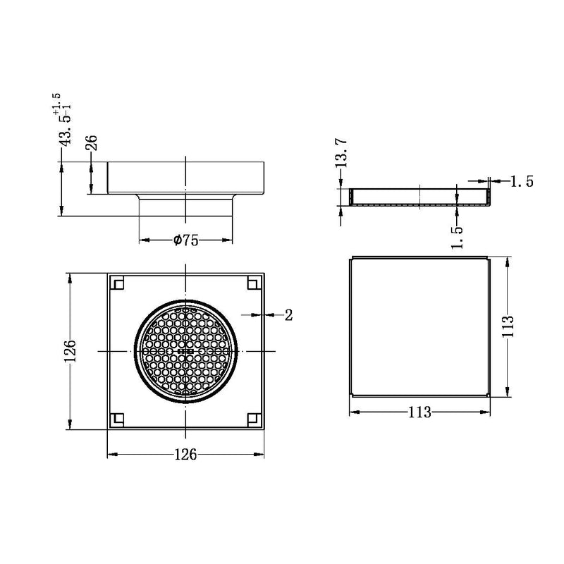 NERO 130MM Square Tile Insert Floor Waste 80/100mm Outlet