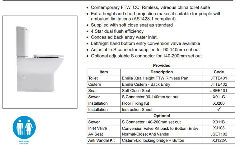 JOHNSON SUISSE EMILIA XTRA AMBULANT RIMLESS TOILET SUITE GLOSS WHITE