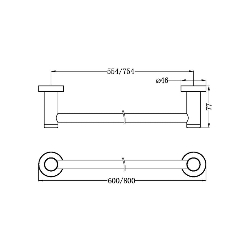 NERO CLASSIC NON-HEATED SINGLE TOWEL RAIL MATTE BLACK (AVAILABLE IN 600MM AND 800MM)