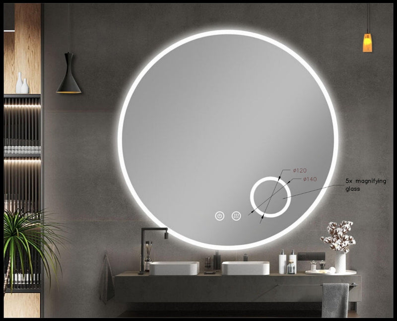 900mm Round 3 Color Lighting Acrylic LED Mirror Touch Sensor Switch Defogger Pad Wall Mounted(Come with Magnifier) - Lighting on the rim