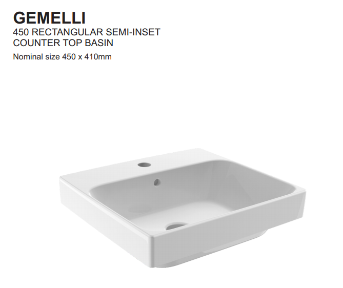 JOHNSON SUISSE GEMELLI RECTANGLE SEMI-INSET BASINS WHITE 450MM