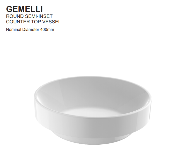 JOHNSON SUISSE GEMELLI ROUND SEMI-INSET BASIN WHITE 400MM