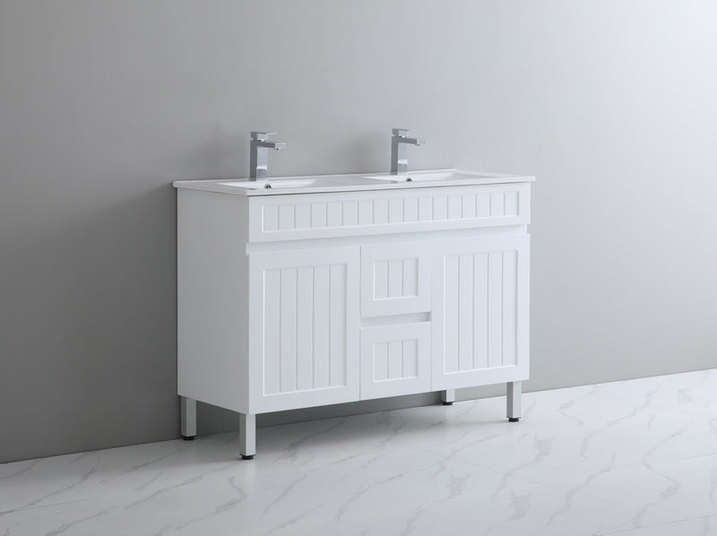 CETO ACACIA SHAKER MATTE WHITE 1200MM DOUBLE BOWL FLOOR STANDING VANITY
