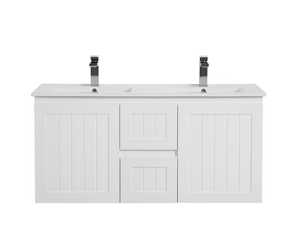 CETO ACACIA SHAKER MATTE WHITE 1200MM DOUBLE BOWL WALL HUNG VANITY