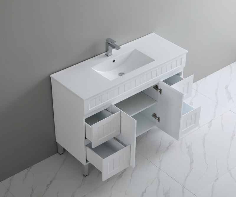 CETO ACACIA SHAKER MATTE WHITE 1200MM SINGLE BOWL FLOOR STANDING VANITY