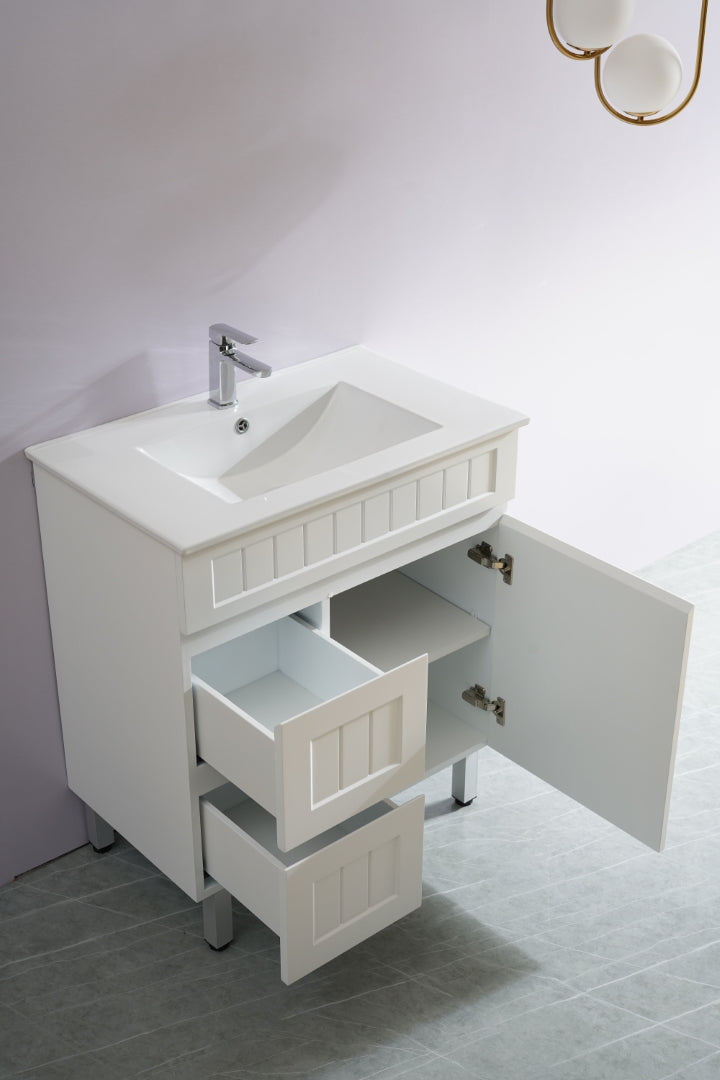 CETO ACACIA SHAKER MATTE WHITE 750MM FLOOR STANDING VANITY (AVAILABLE IN LEFT HAND DRAWER AND RIGHT HAND DRAWER)