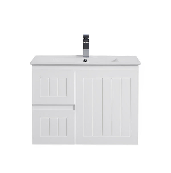 CETO ACACIA SHAKER MATTE WHITE 750MM SINGLE BOWL WALL HUNG VANITY (AVAILABLE IN LEFT AND RIGHT HAND DRAWER)