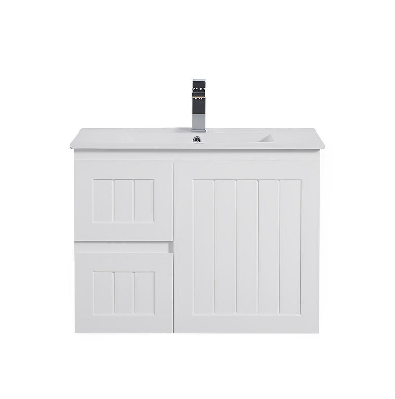 CETO ACACIA SHAKER MATTE WHITE 750MM SINGLE BOWL WALL HUNG VANITY (AVAILABLE IN LEFT AND RIGHT HAND DRAWER)