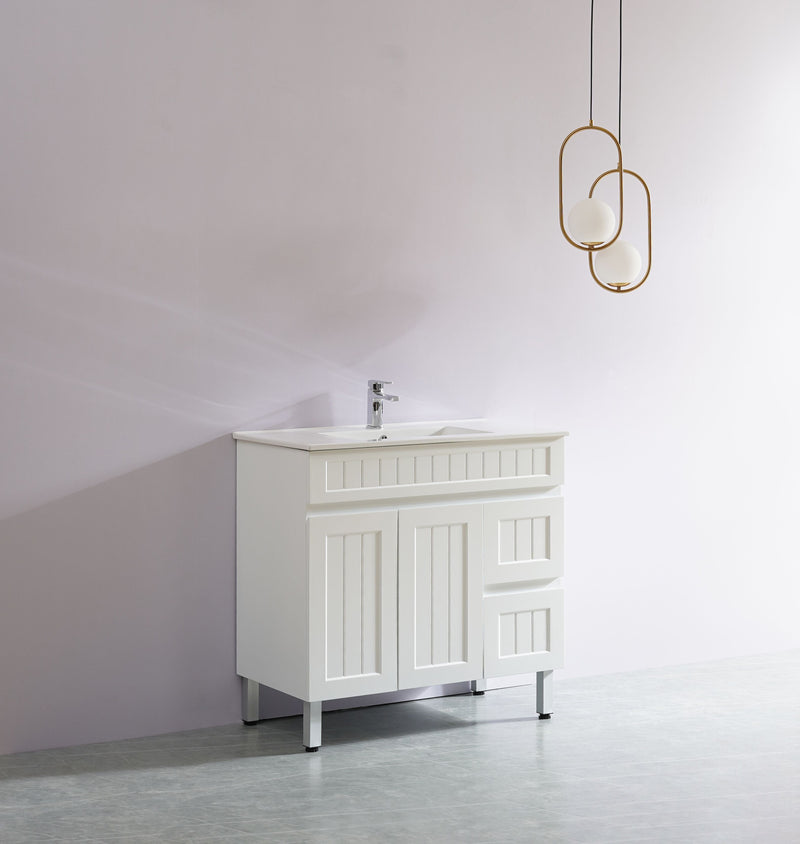 CETO ACACIA SHAKER MATTE WHITE 900MM SINGLE BOWL FLOOR STANDING VANITY (AVAILABLE IN LEFT AND RIGHT HAND DRAWER)