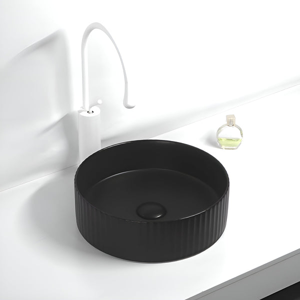 POSEIDON BELLEVUE FLUTED ABOVE COUNTER BASIN MATTE BLACK 360MM