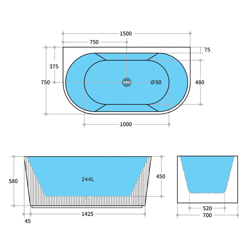CETO BARI FREESTANDING BATHTUB GLOSS WHITE (AVAILABLE IN 1500MM AND 1700MM)