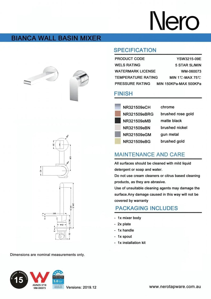NERO BIANCA Wall Basin/Nath Mixer Seperate Back Plate