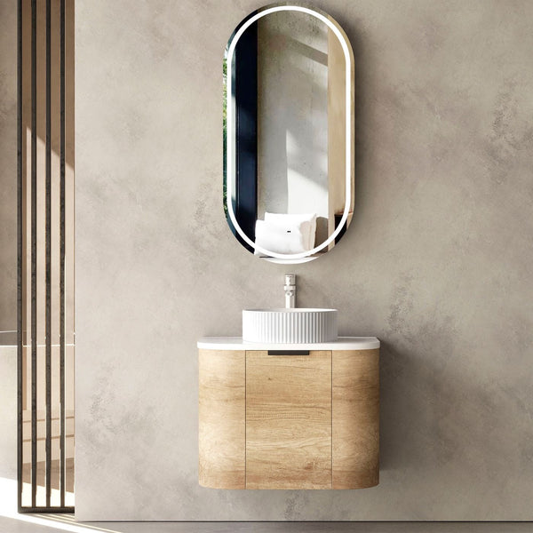 OTTI BONDI NATURAL OAK 600MM CURVE SINGLE BOWL WALL HUNG VANITY