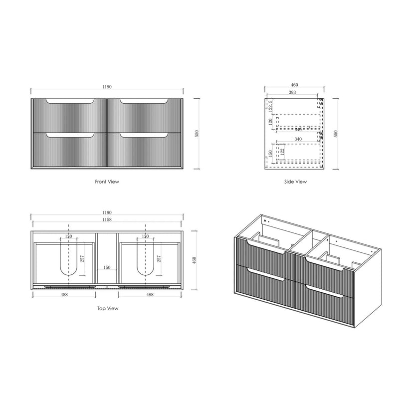 OTTI BYRON WOODLAND OAK FLUTED 1200MM DOUBLE BOWL WALL HUNG VANITY