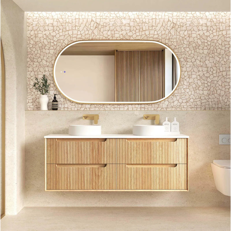 OTTI BYRON WOODLAND OAK FLUTED 1500MM DOUBLE BOWL WALL HUNG VANITY