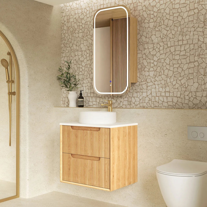 OTTI BYRON WOODLAND OAK FLUTED 600MM SINGLE BOWL WALL HUNG VANITY