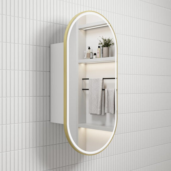 AULIC BEAU MONDE BRUSHED GOLD FRAMED MATTE WHITE LED SHAVING CABINET 900MM