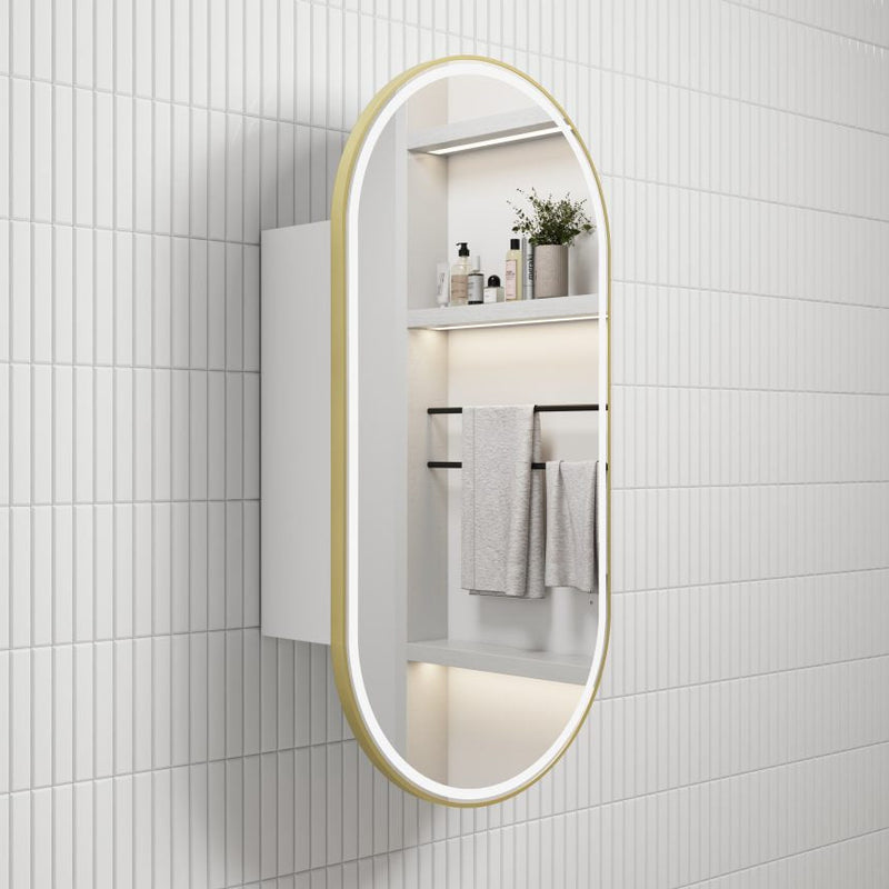 AULIC BEAU MONDE BRUSHED GOLD FRAMED MATTE WHITE LED SHAVING CABINET 900MM