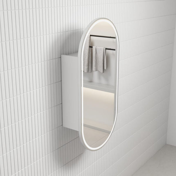 AULIC BEAU MONDE BRUSHED NICKEL FRAMED MATTE WHITE LED SHAVING CABINET 900MM
