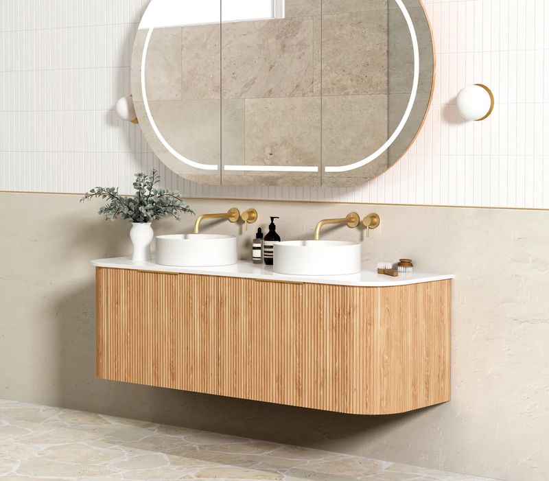 OTTI BONDI WOODLAND OAK FLUTED 1500MM CURVE DOUBLE BOWL WALL HUNG VANITY
