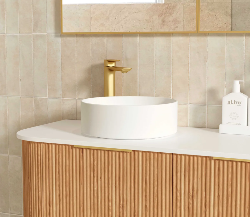 OTTI BONDI WOODLAND OAK FLUTED 1800MM CURVE DOUBLE BOWL WALL HUNG VANITY