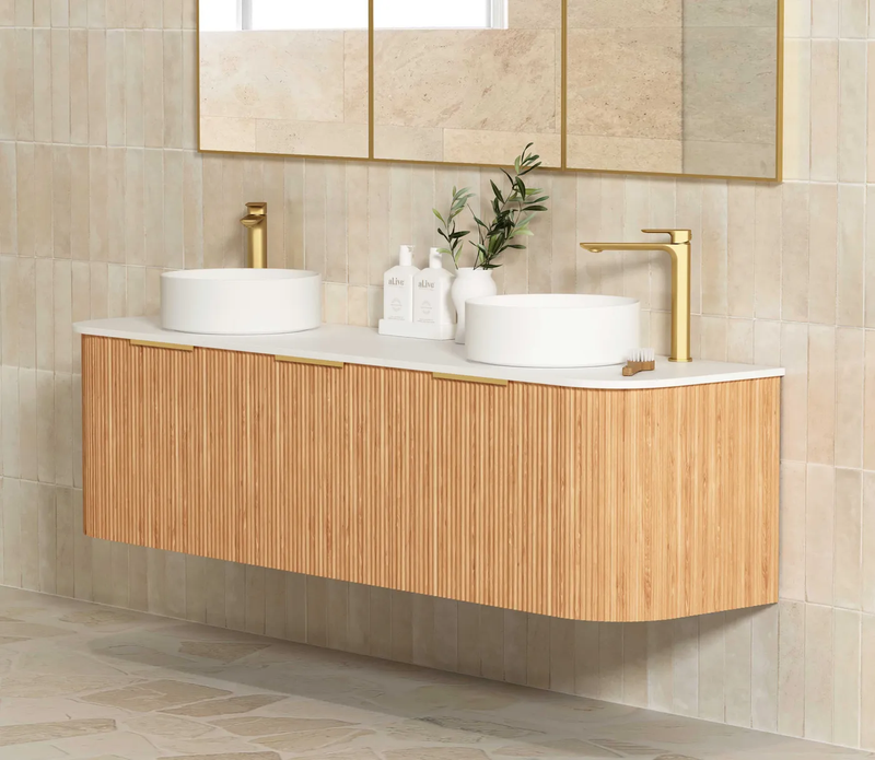 OTTI BONDI WOODLAND OAK FLUTED 1800MM CURVE DOUBLE BOWL WALL HUNG VANITY