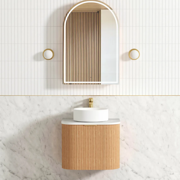 OTTI BONDI WOODLAND OAK FLUTED 600MM CURVE SINGLE BOWL WALL HUNG VANITY