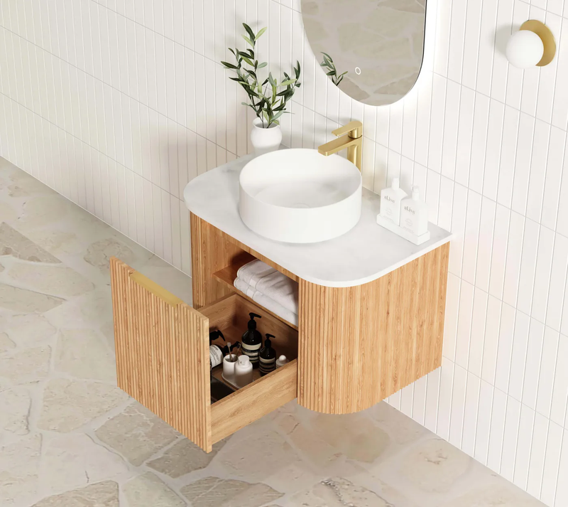 OTTI BONDI WOODLAND OAK FLUTED 750MM CURVE SINGLE BOWL WALL HUNG VANITY