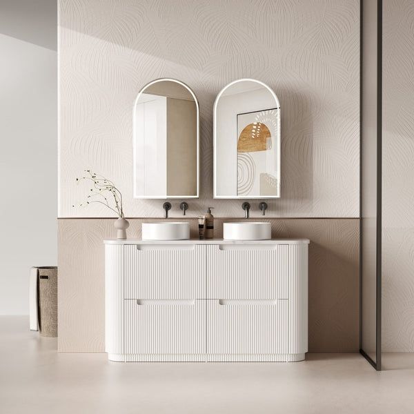AULIC CURVA CURVED MATTE WHITE 1500MM DOUBLE BOWL FLOOR STANDING VANITY W/ QUADRO HETTICH RUNNERS