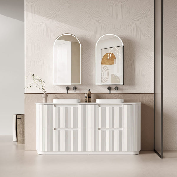 AULIC CURVA CURVED MATTE WHITE 1800MM DOUBLE BOWL FLOOR STANDING VANITY W/ QUADRO HETTICH RUNNERS