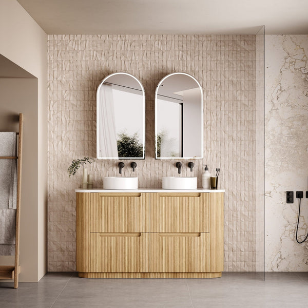 AULIC VARCELLI CURVED HARVEST OAK 1500MM DOUBLE BOWL FLOOR STANDING VANITY W/ QUADRO HETTICH RUNNERS