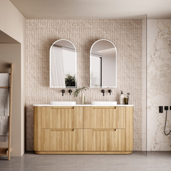 AULIC VARCELLI CURVED HARVEST OAK 1800MM DOUBLE BOWL FLOOR STANDING VANITY W/ QUADRO HETTICH RUNNERS