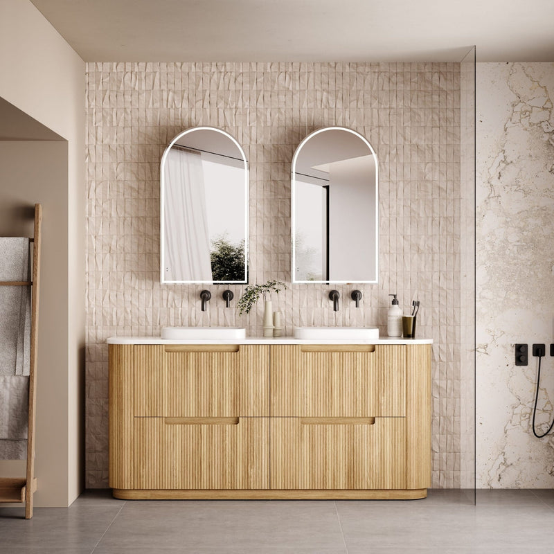 AULIC VARCELLI CURVED HARVEST OAK 1800MM DOUBLE BOWL FLOOR STANDING VANITY W/ QUADRO HETTICH RUNNERS