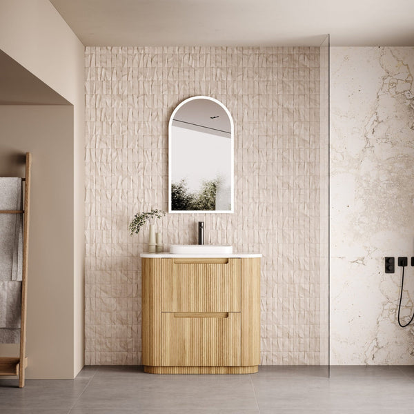 AULIC VARCELLI CURVED HARVEST OAK 900MM SINGLE BOWL FLOOR STANDING VANITY W/ QUADRO HETTICH RUNNERS