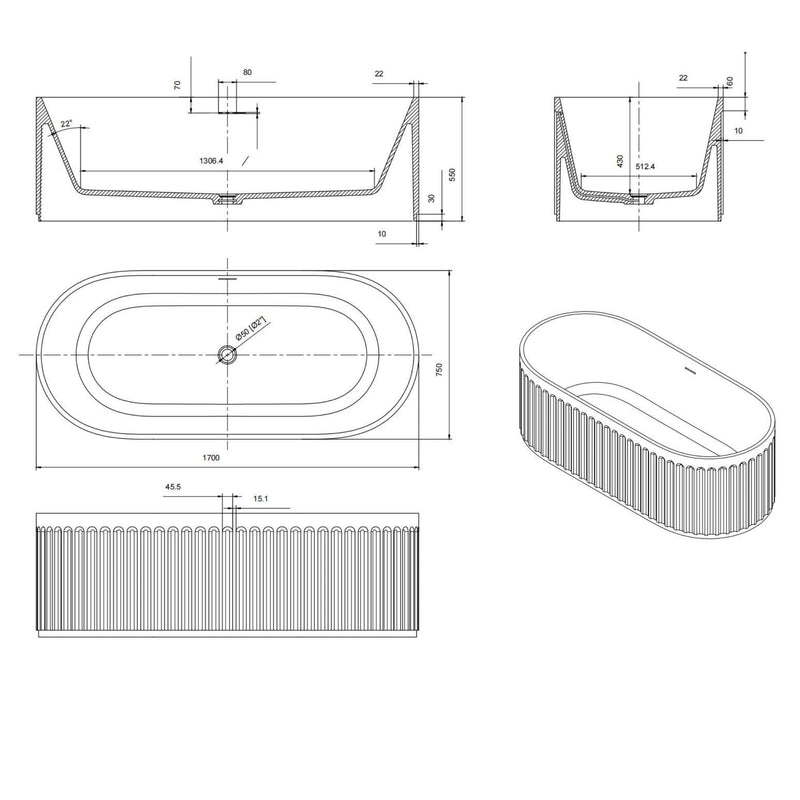 CETO CASCADE FREESTANDING BATHTUB MATTE BLACK 1700MM