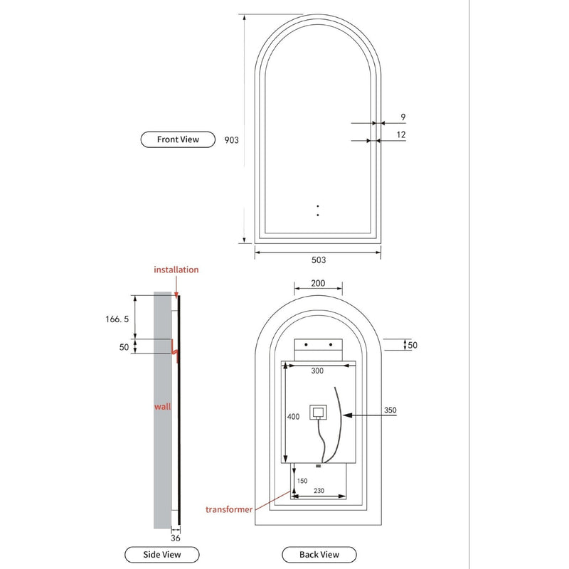 AULIC CANTERBURY LED MIRROR BRUSHED GOLD 3 COLOUR LIGHTS 500X900MM