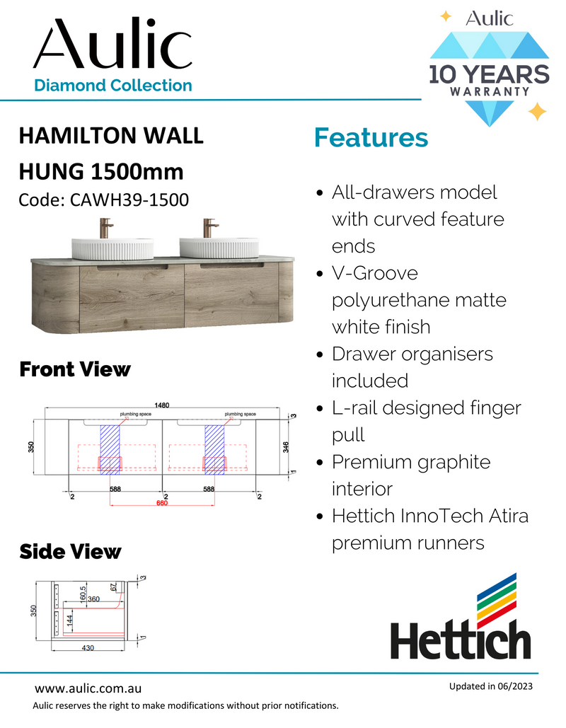 Aulic Hamilton Wall Hung Vanity 1500mm