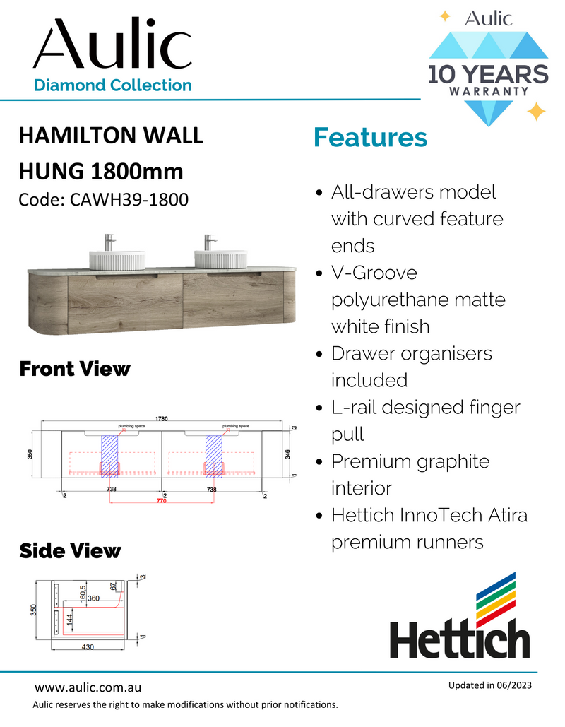 Aulic Hamilton Wall Hung Vanity 1800mm