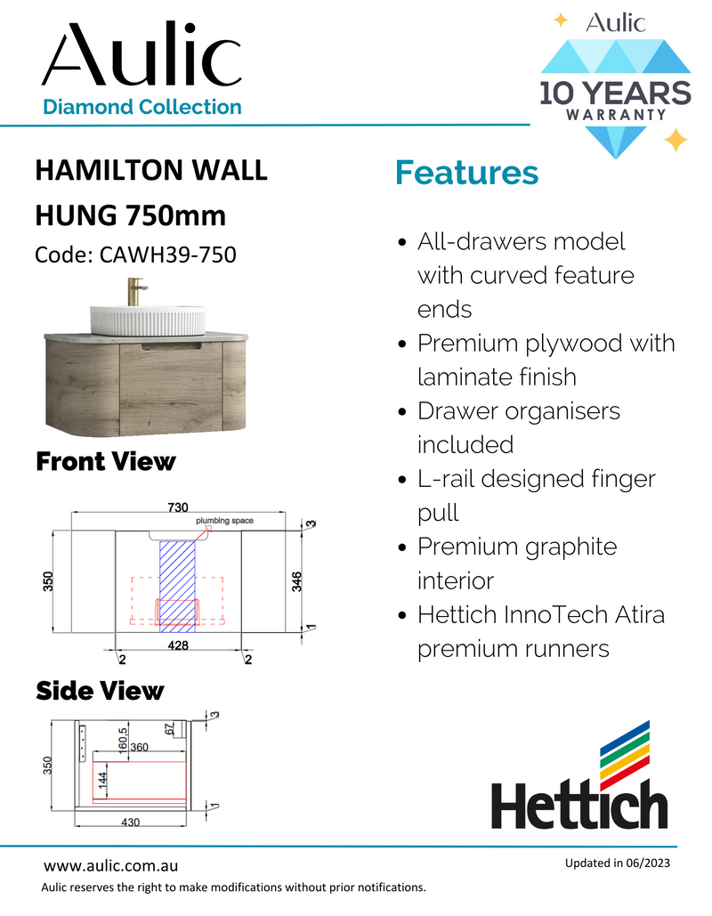 Aulic Hamilton Wall Hung Vanity 750mm