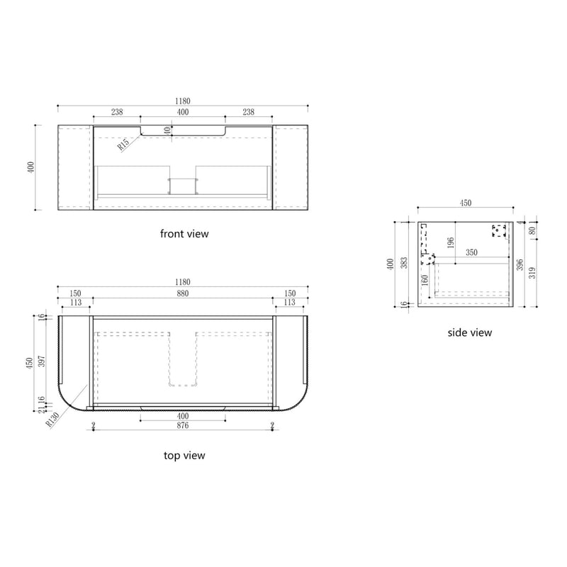 AULIC VARCELLI MONO CURVED HARVEST OAK 1200MM SINGLE BOWL WALL HUNG VANITY W/ QUADRO HETTICH RUNNERS
