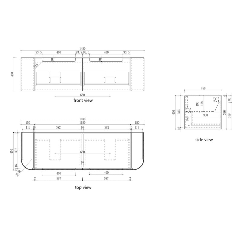 AULIC VARCELLI MONO CURVED HARVEST OAK 1500MM DOUBLE BOWL WALL HUNG VANITY W/ QUADRO HETTICH RUNNERS