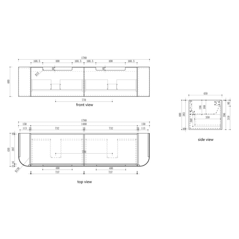 AULIC VARCELLI MONO CURVED HARVEST OAK 1800MM DOUBLE BOWL WALL HUNG VANITY W/ QUADRO HETTICH RUNNERS