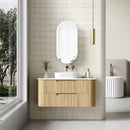 AULIC VARCELLI TIER CURVED HARVEST OAK 1200MM SINGLE BOWL WALL HUNG VANITY W/ QUADRO HETTICH RUNNERS